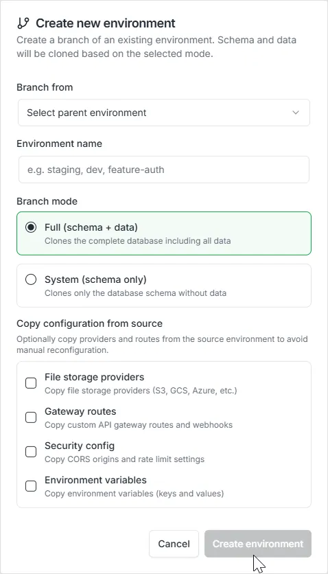 Environment branching modal with copy options